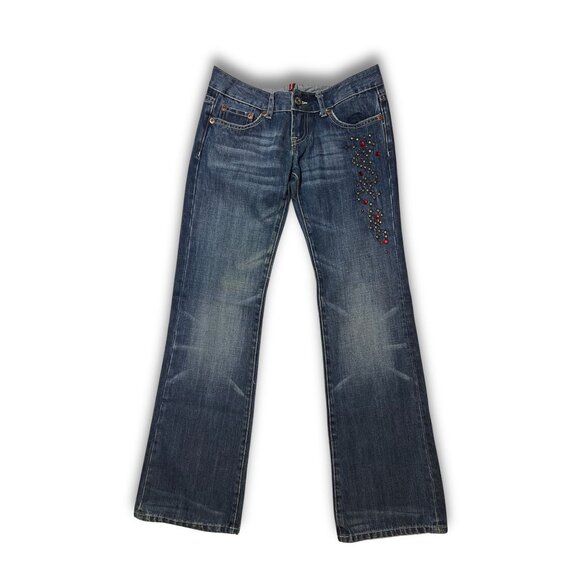 Ed Hardy By Christian Audigier Rhinestone Bootcut Jeans Size 36 Distressed Desig - Picture 2 of 6